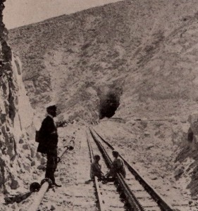  Railroad with center third cog-rail for traction on steep inclines.